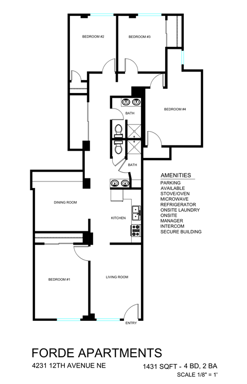 Floor plan for 4 beds, 2 baths, 1431 sqft